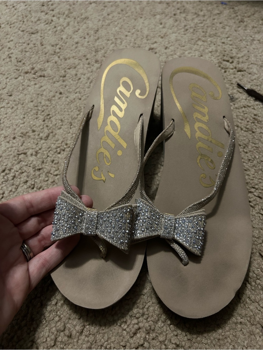 Candie's Gold Rhinestone Bow Women’s Sandal Flip Flops